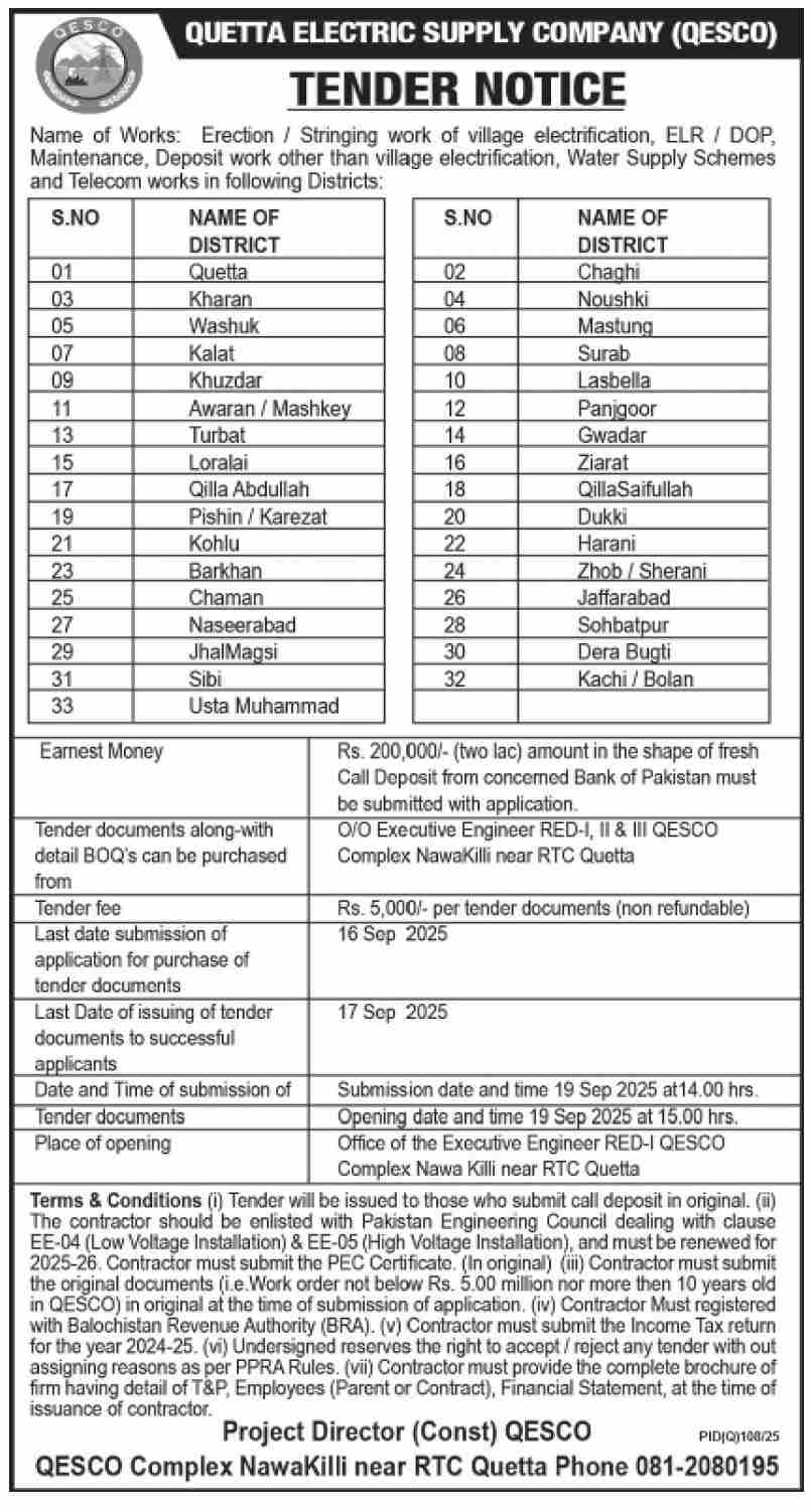 Quetta Electric Supply Company Tender Notice
